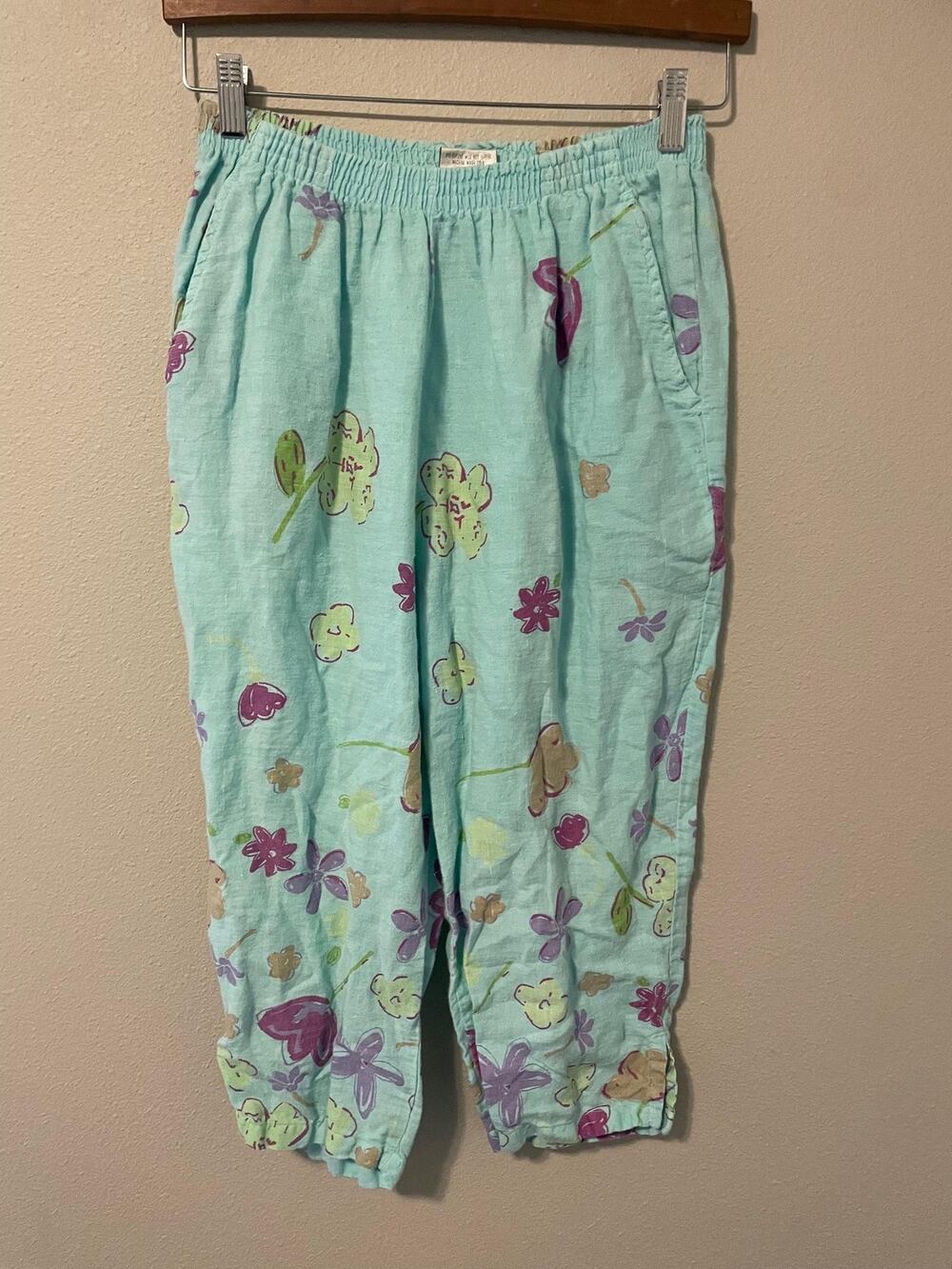 Vintage C.C. Collection Pants Womens Medium Linen Blue Floral Capri Casual Boho